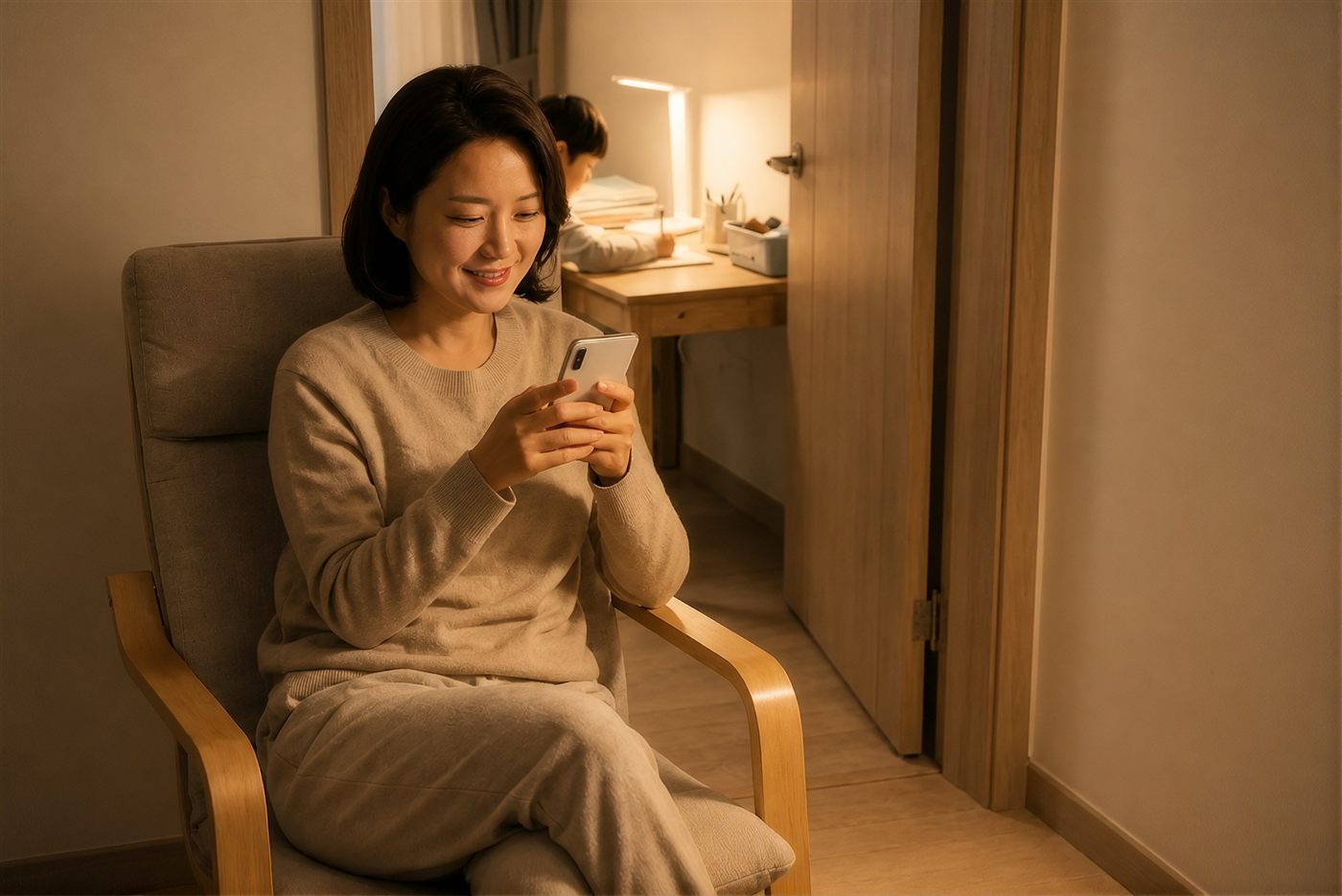 저녁에 휴대폰을 보는 부모